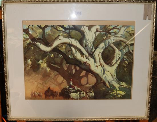 G. D. Paulraj (Indian, 20C), watercolour, Banyan trees and bullock carts & Sarna pair of garden scenes etc